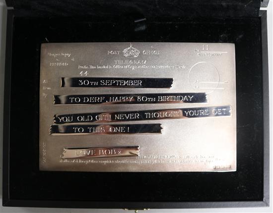 A modern Theo Fennell silver mounted telegram gifted to Derf (Fred Farebrother) from Bob Halley, width 18cm.